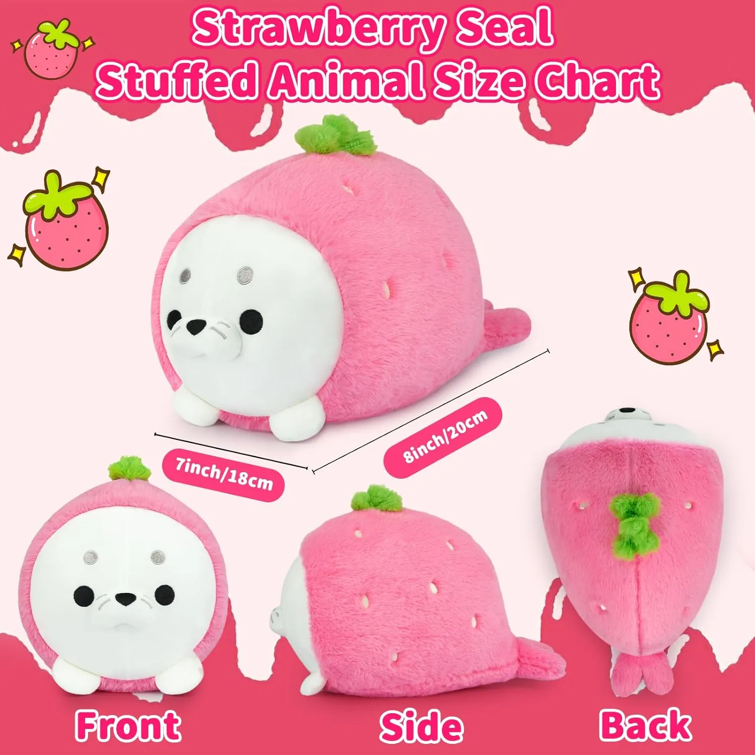Cute Strawberry Seal Plush Pillow, Soft Chubby Seal Plushie Animal Toy for Kids, Girlfriend, Boys (13 Inch)