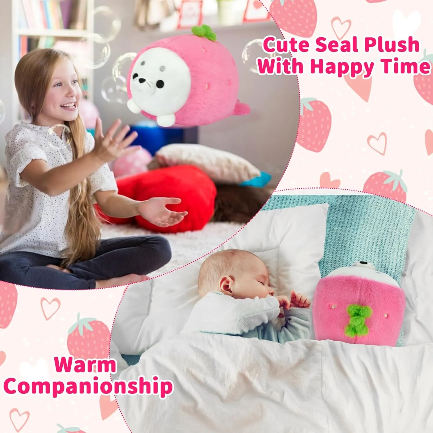 Cute Strawberry Seal Plush Pillow, Soft Chubby Seal Plushie Animal Toy for Kids, Girlfriend, Boys (13 Inch)