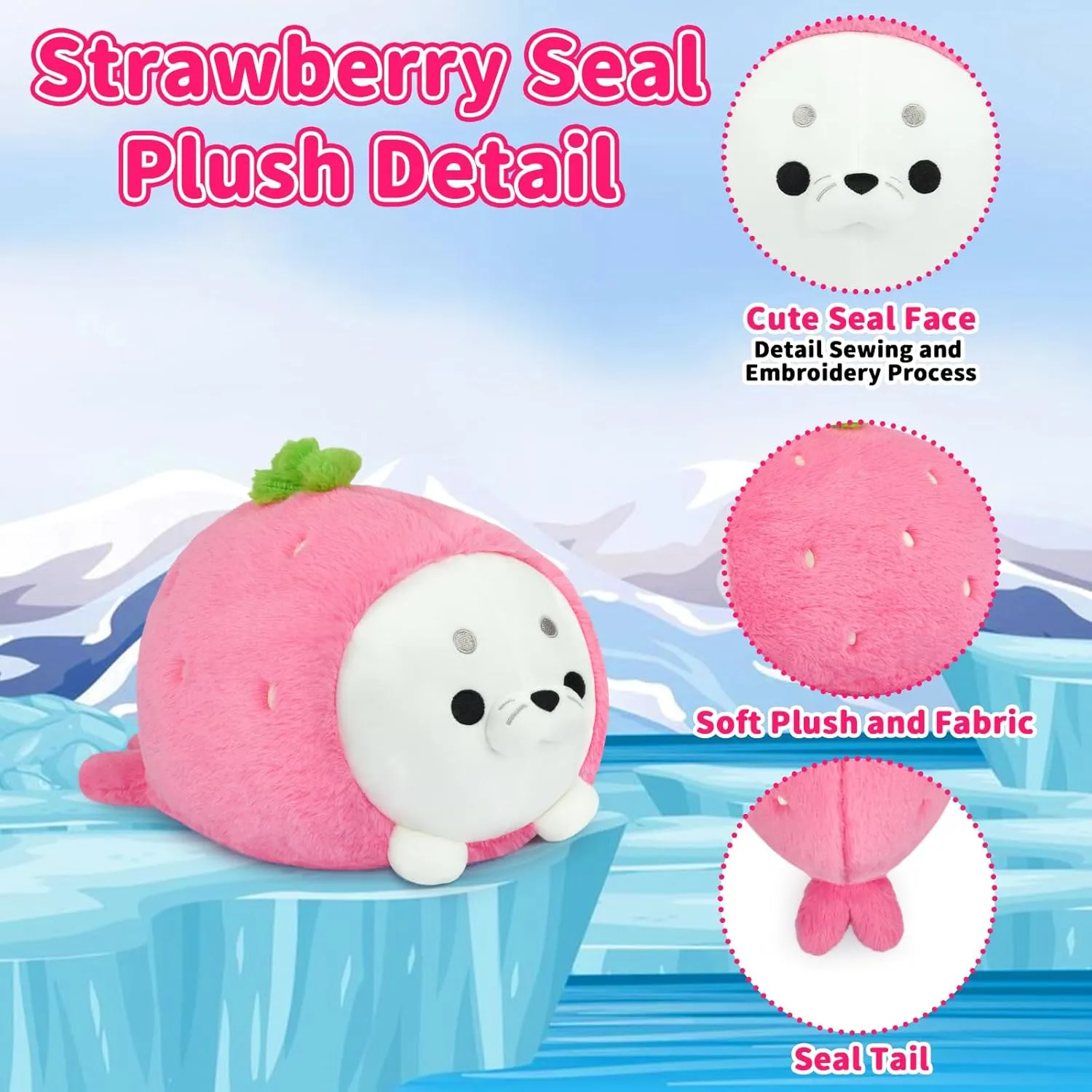 Cute Strawberry Seal Plush Pillow, Soft Chubby Seal Plushie Animal Toy for Kids, Girlfriend, Boys (13 Inch)