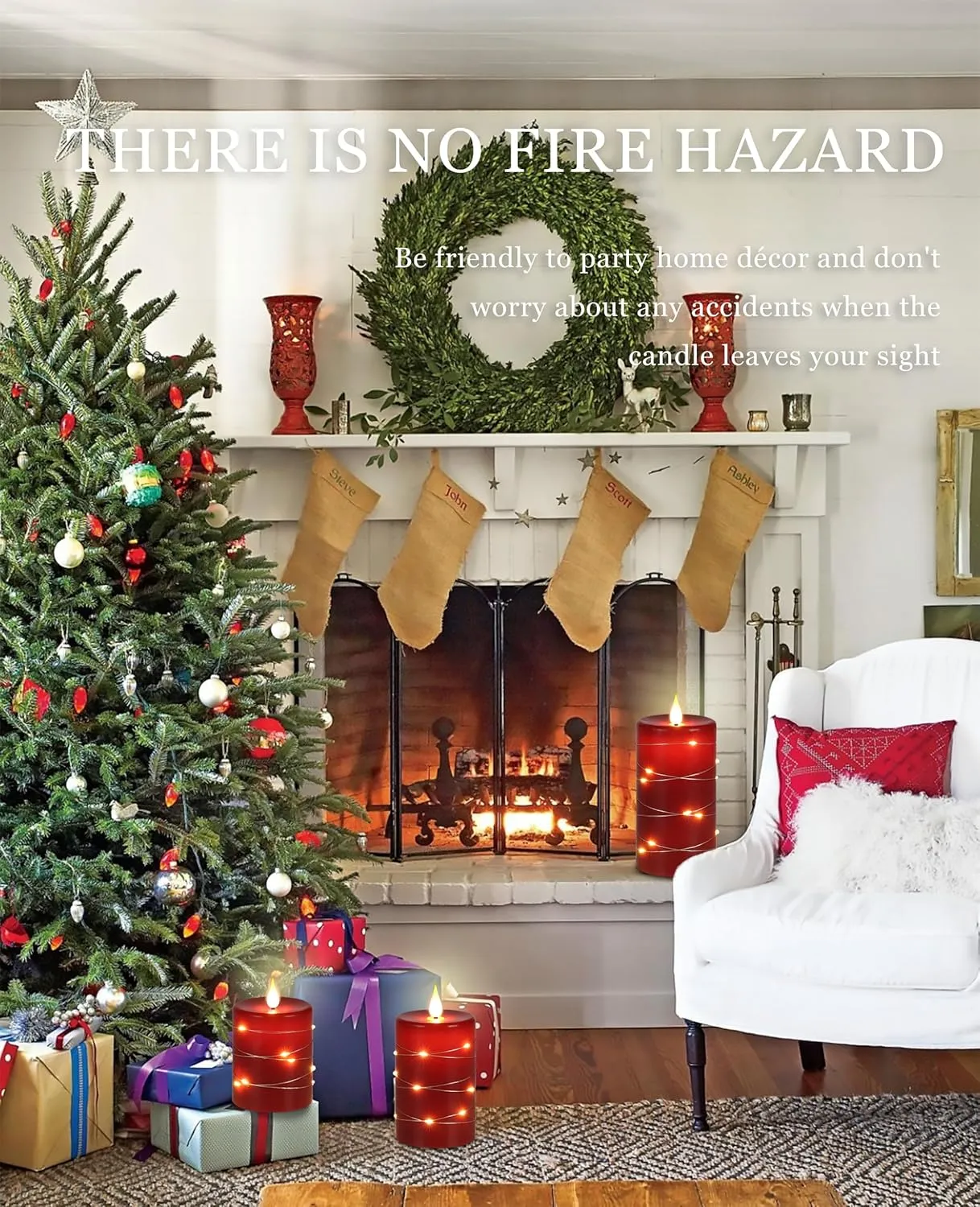 Da by Red Flameless Candles with String Lights, Battery Operated Candles with Remote Control and Timer,Flickering LED Pillar Candles for Home Décor,Real Wax,3 Pack -Red