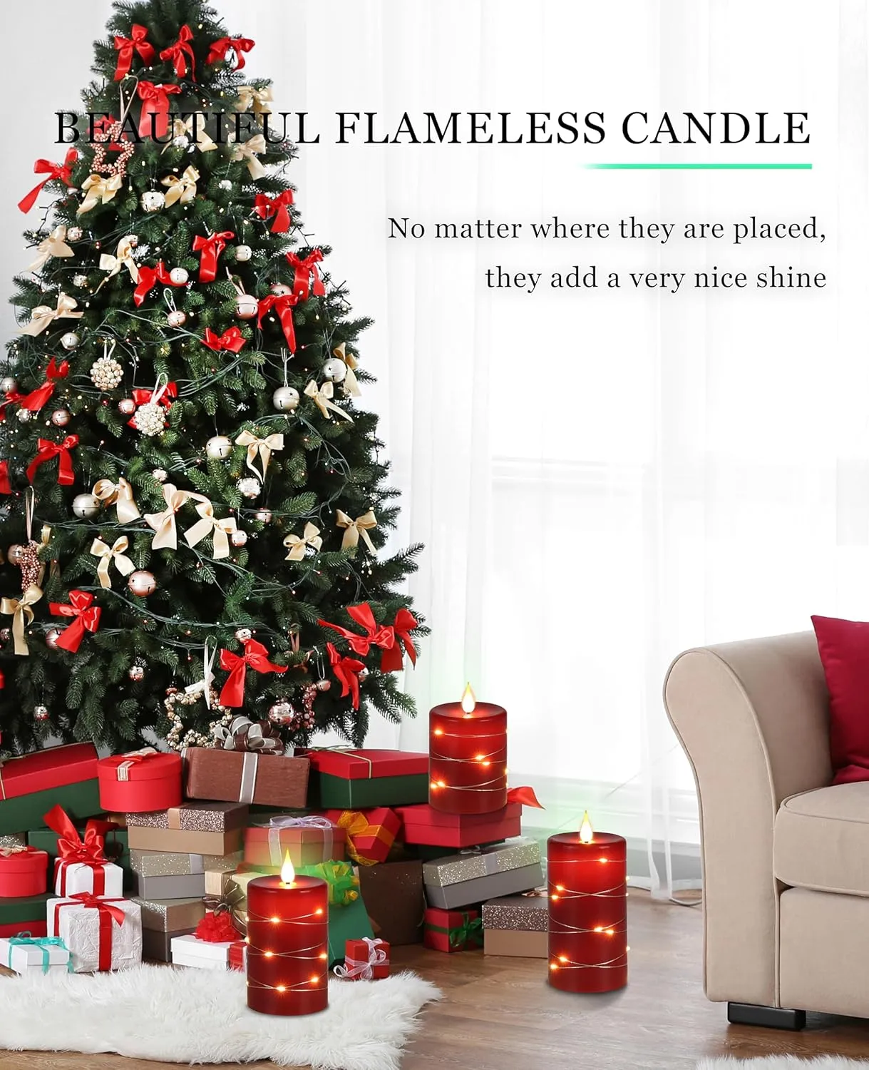 Da by Red Flameless Candles with String Lights, Battery Operated Candles with Remote Control and Timer,Flickering LED Pillar Candles for Home Décor,Real Wax,3 Pack -Red