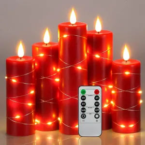 Da by Red Flameless Candles with String Lights, Battery Operated Candles with Remote Control and Timer,Flickering LED Pillar Candles for Home Décor,Real Wax,5 Pack -Red