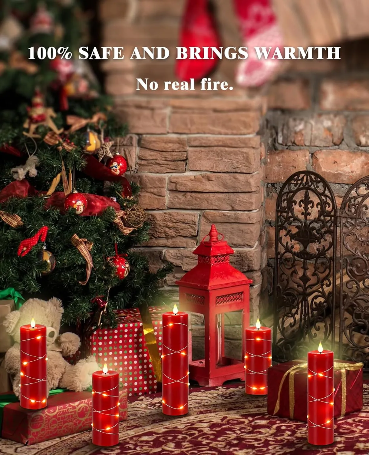 Da by Red Flameless Candles with String Lights, Battery Operated Candles with Remote Control and Timer,Flickering LED Pillar Candles for Home Décor,Real Wax,5 Pack -Red