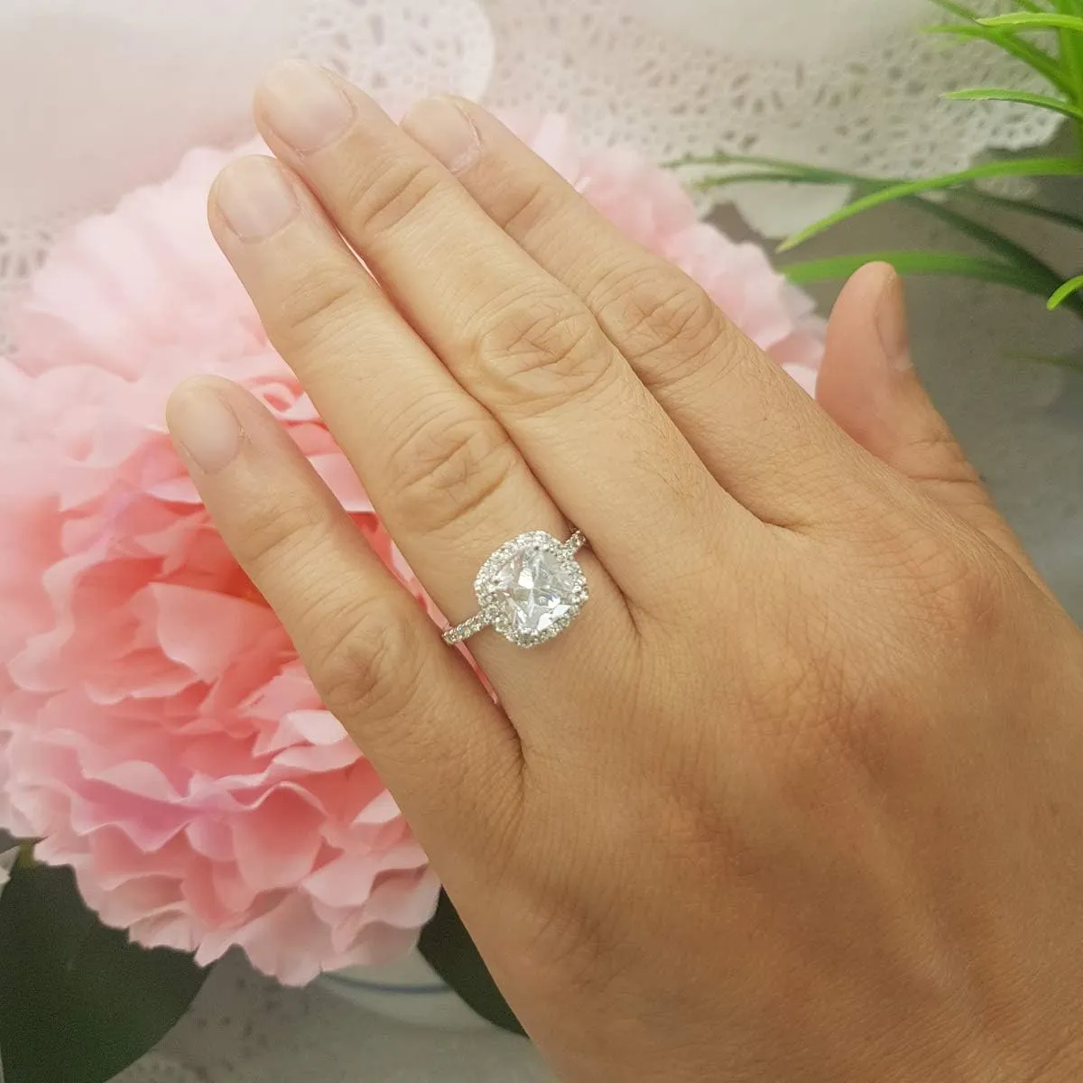 Dazzlingrock Collection 7.5mm Cushion Lab Created Gemstone & Round White Diamond Halo Engagement Ring for Women in 18K White Gold