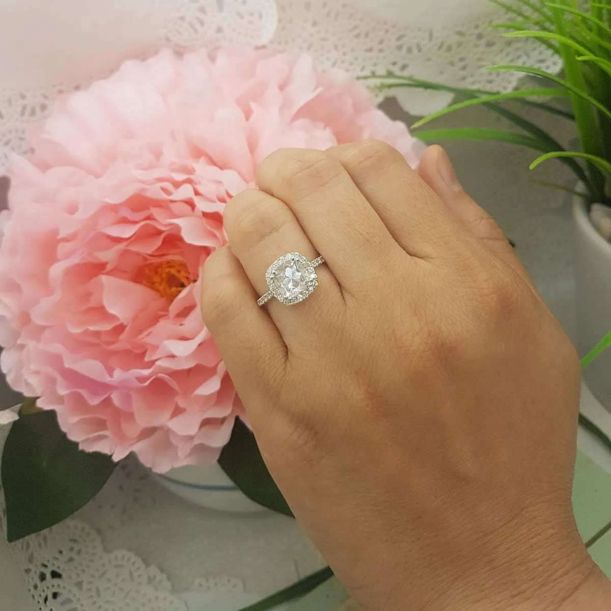 Dazzlingrock Collection 7.5mm Cushion Lab Created Gemstone & Round White Diamond Halo Engagement Ring for Women in 18K White Gold