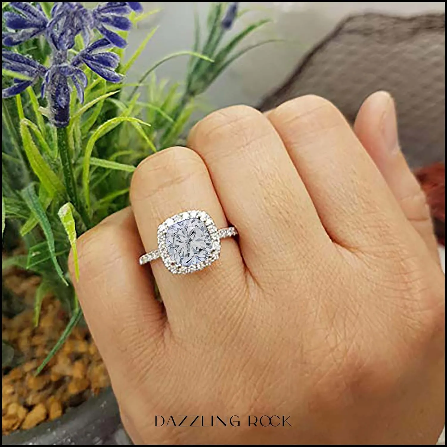 Dazzlingrock Collection 7.5mm Cushion Lab Created Gemstone & Round White Diamond Halo Engagement Ring for Women in 18K White Gold