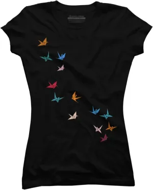 Design By Humans Junior's Flying Paper Cranes Birds by Magnussons T-Shirt - -