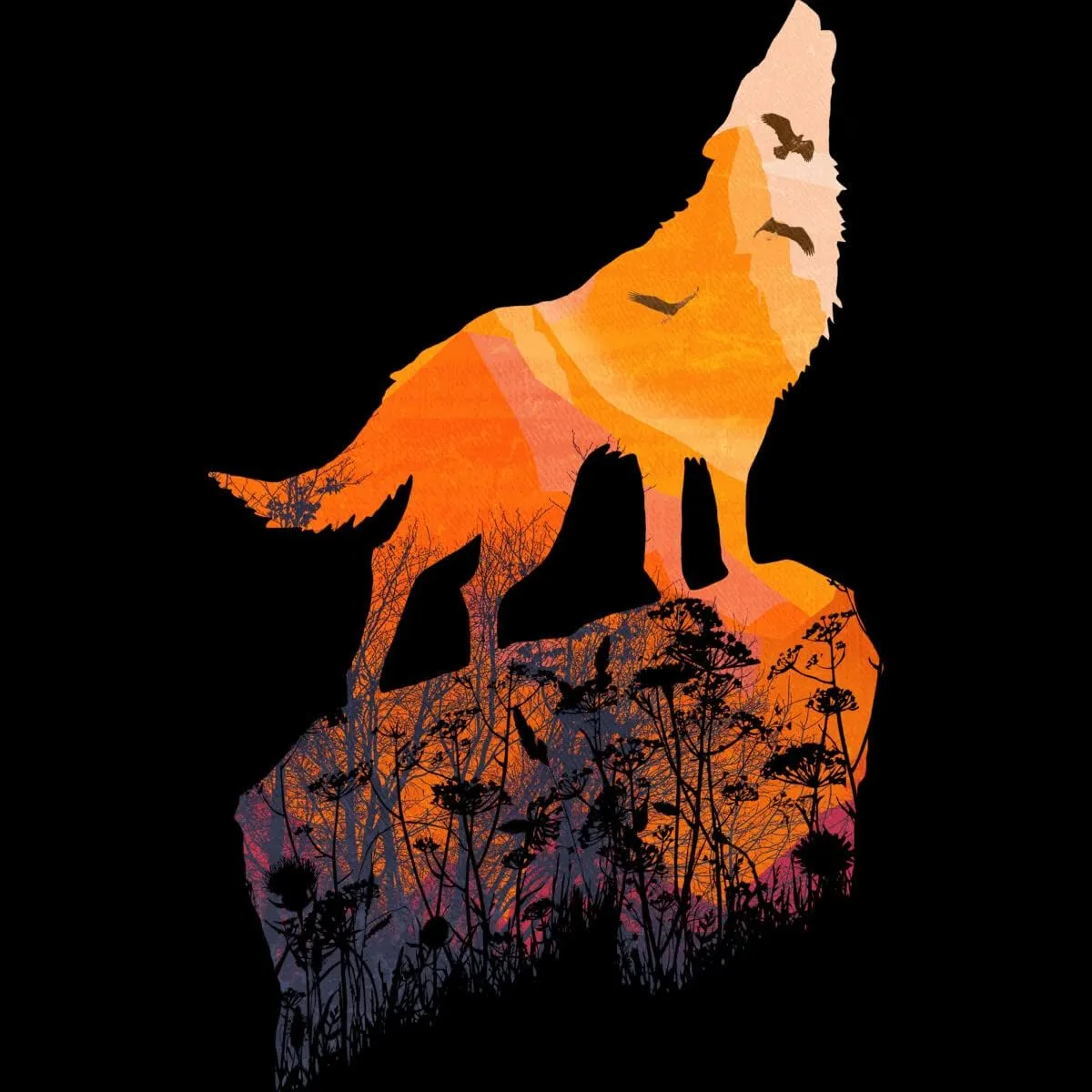 Design By Humans Men's Howling Mountain Wolf with Eagles on Sunset by Goldquills Tank Top - -