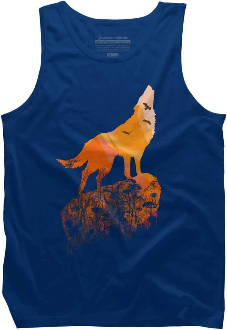 Design By Humans Men's Howling Mountain Wolf with Eagles on Sunset by Goldquills Tank Top - -