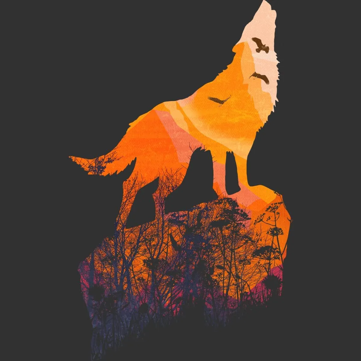 Design By Humans Men's Howling Mountain Wolf with Eagles on Sunset by Goldquills Tank Top - -