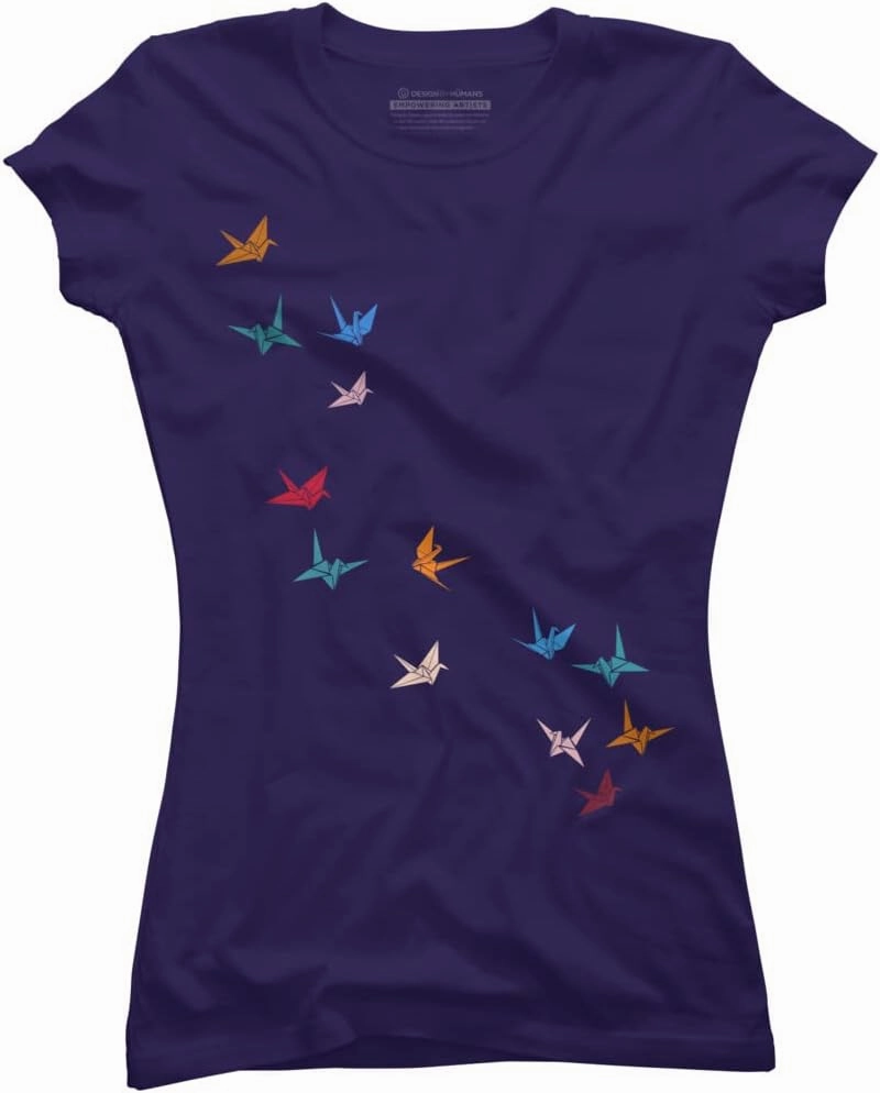 Design By Humans Junior's Flying Paper Cranes Birds by Magnussons T-Shirt - -