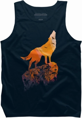 Design By Humans Men's Howling Mountain Wolf with Eagles on Sunset by Goldquills Tank Top - -