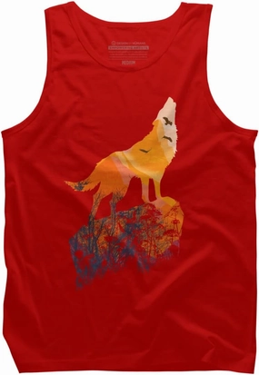Design By Humans Men's Howling Mountain Wolf with Eagles on Sunset by Goldquills Tank Top - -