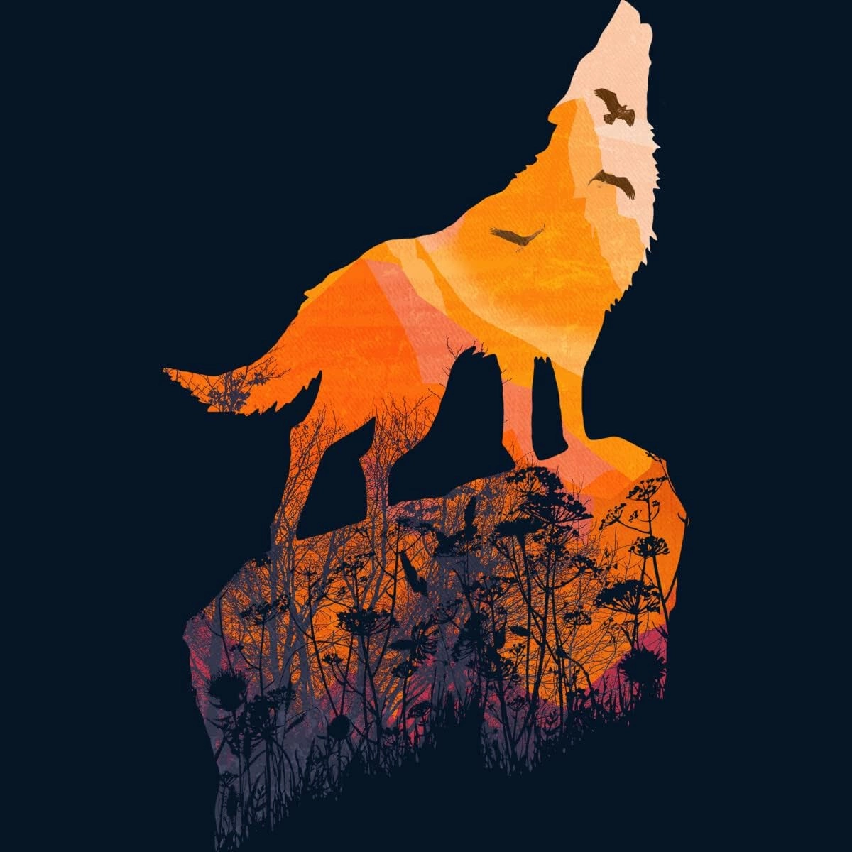 Design By Humans Men's Howling Mountain Wolf with Eagles on Sunset by Goldquills Tank Top - -