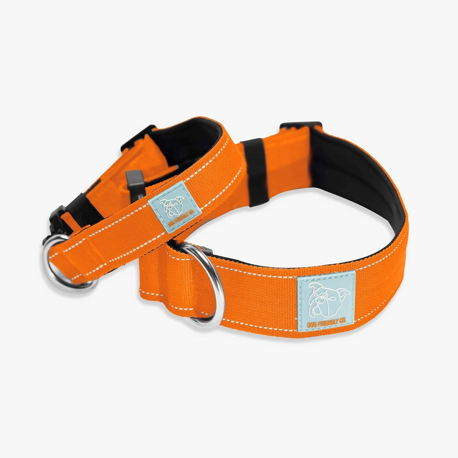 DF Co. Tactical Dog Collar | Comfortable & Secure with Quick Release Clip Buckle and Heavy Duty D-Ring | Soft Padded Neoprene, Chafe Resistant, Night-Time Visibility | Hi-Vis Orange, Size S