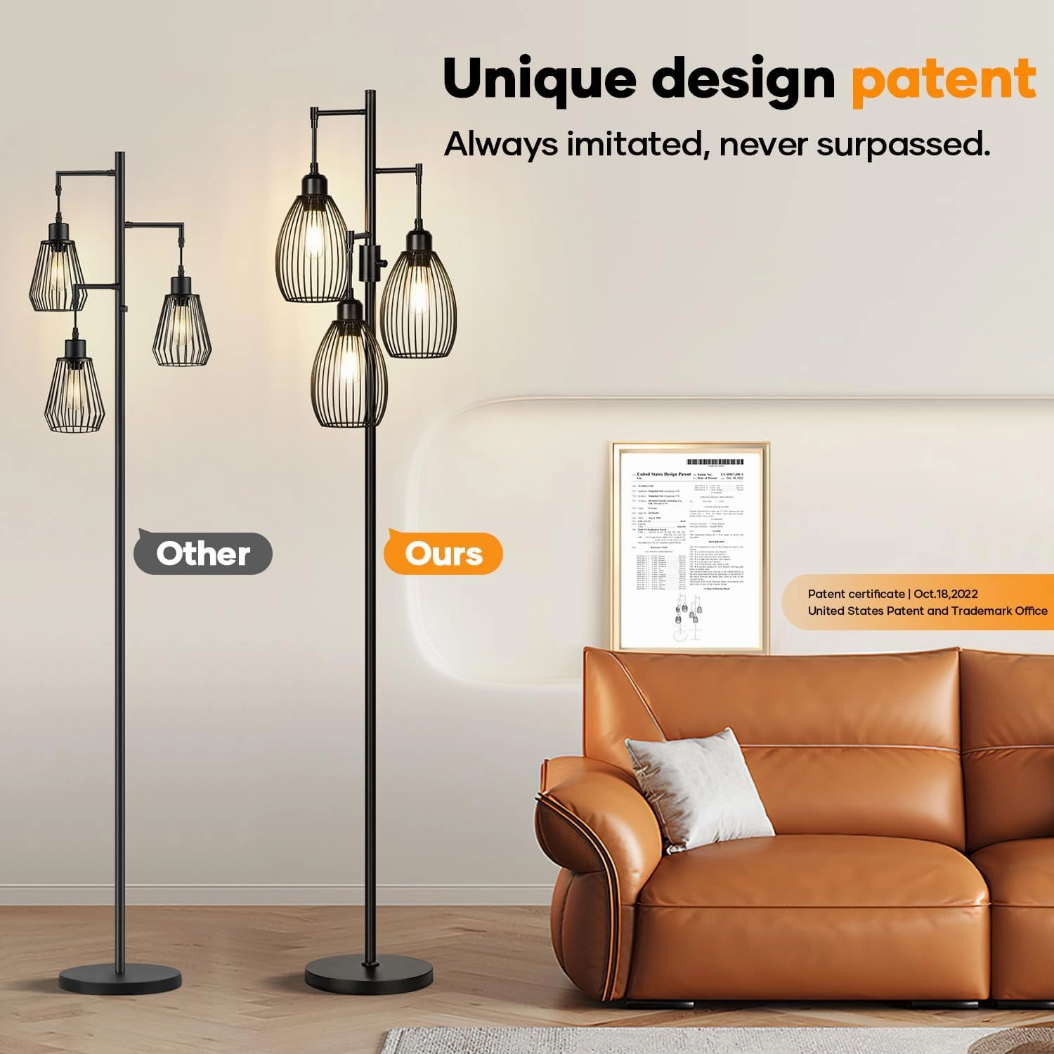 Dimmable Floor Lamp, 3 x 800LM LED Edison Bulbs Included, Farmhouse Industrial Floor Lamp Standing Tree Lamp with Elegant Teardrop Cage Tall Lamps for Living Room Bedroom Office Dining Room-Black