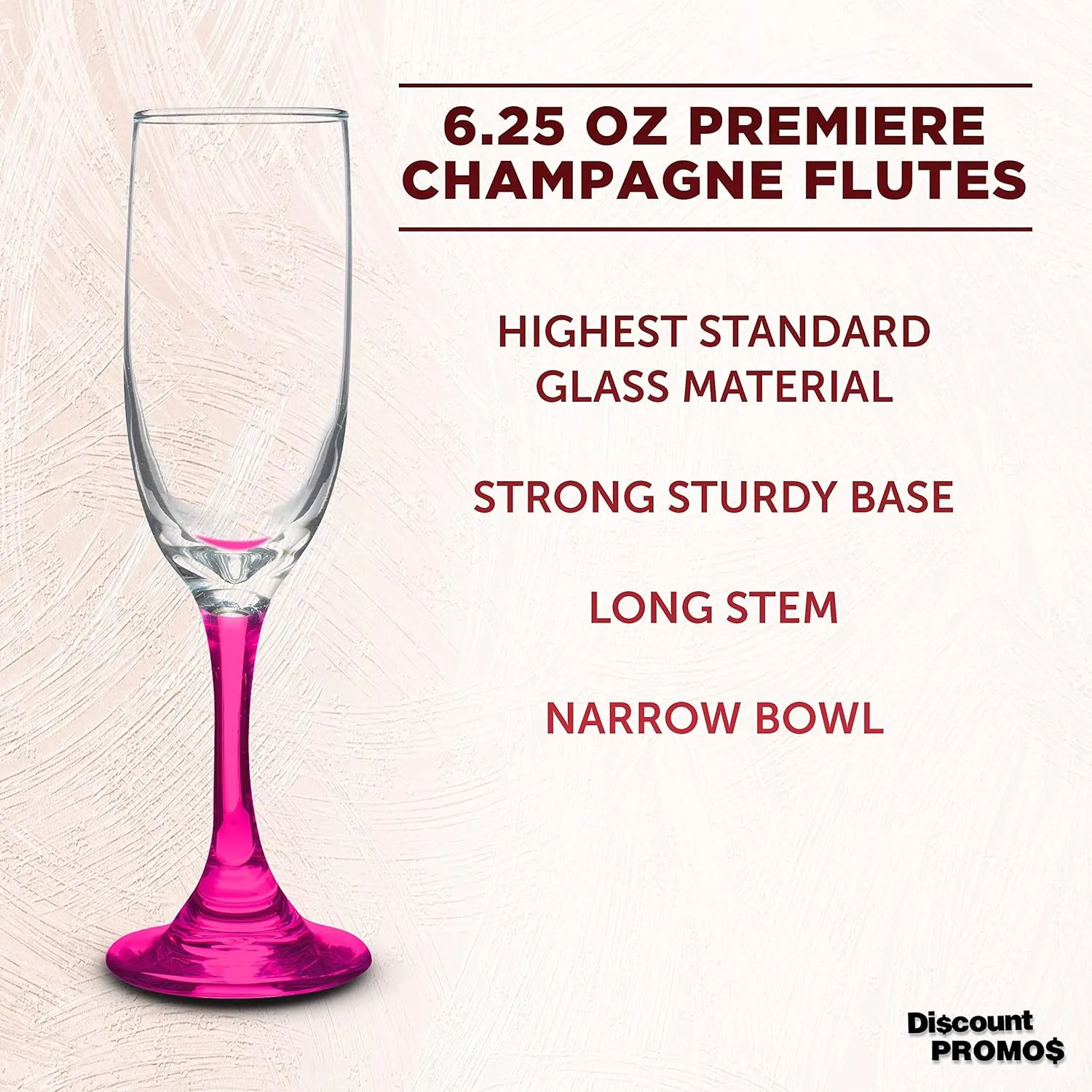 DISCOUNT PROMOS Premiere Champagne Flutes 6.25 oz. Set of 10, Bulk Pack - Elegant Drinkware for Weddings, Events, & Promotional Gifts - Pink