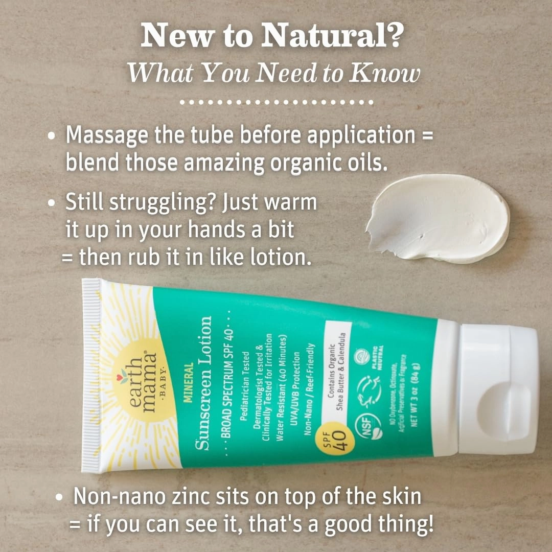 Earth Mama Baby Mineral Sunscreen Lotion SPF 40 | Reef Safe, Non-Nano Zinc, Natural Water Resistant Sun Cream for Babies, Kids & Adults, 3-Ounce (2-Pack)