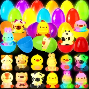 Easter Eggs Filled with Light Up Animal Toys, Glow in The Dark Hunt Egg Party Favor Supplies, Prefilled Easter Eggs with Toys for Kids, Easter Basket Stuffers Easter Egg Fillers Gifts for Boys Girls