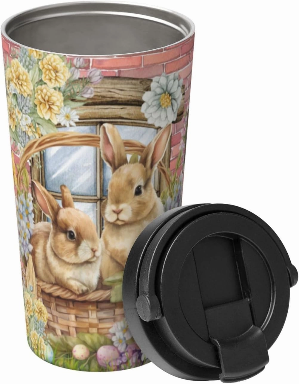 Easter Bunny 17oz Insulated Coffee Mug with Flip Lid Handle Easter Rabbit Stainless Steel Insulated Travel Tumbler Spill Proof Cup Gifts for Rabbit Lovers Easter Decorations Party Supplies Stuff