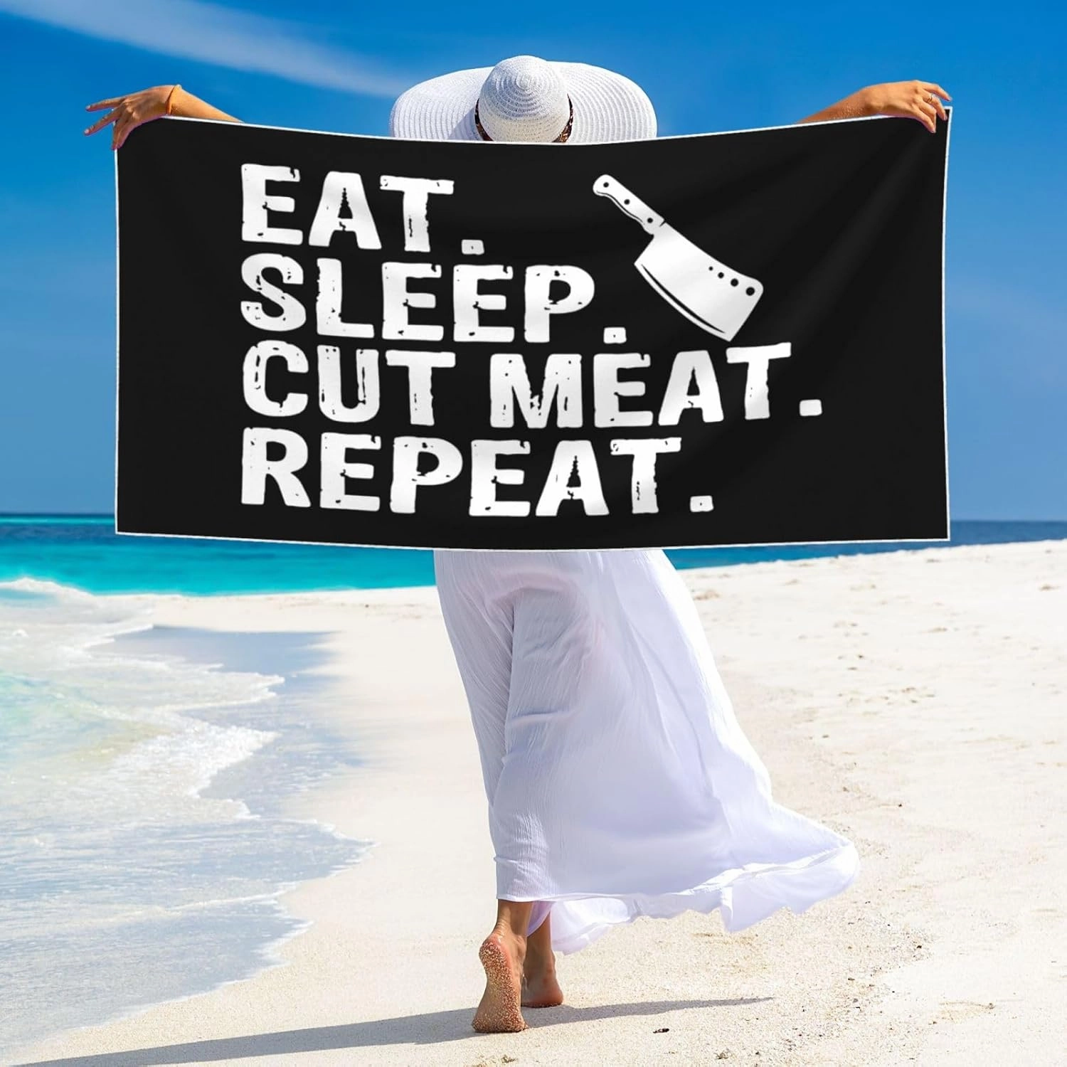 Eat Sleep Cut Meat Repeat Large Beach Towel 27.5x55 Inches - Ultra Soft & Quick Dry, Lightweight Sand Towel for Pool, Travel, Summer | Bath Towel for Adults & Family