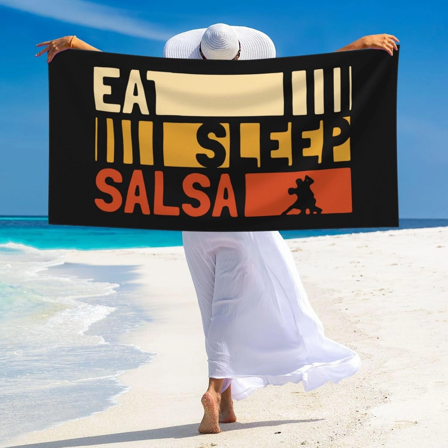 Eat Sleep Salsa Repeat Large Beach Towel 27.5x55 Inches - Ultra Soft & Quick Dry, Lightweight Sand Towel for Pool, Travel, Summer | Bath Towel for Adults & Family