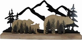 Ebros Gift Rustic Western Father Mother Black Bears and Cub Bear Family by Pine Forest Mountain Range Silhouette Cutout Wooden Desktop Figurine Wildlife Forest Cabin Decor Accent