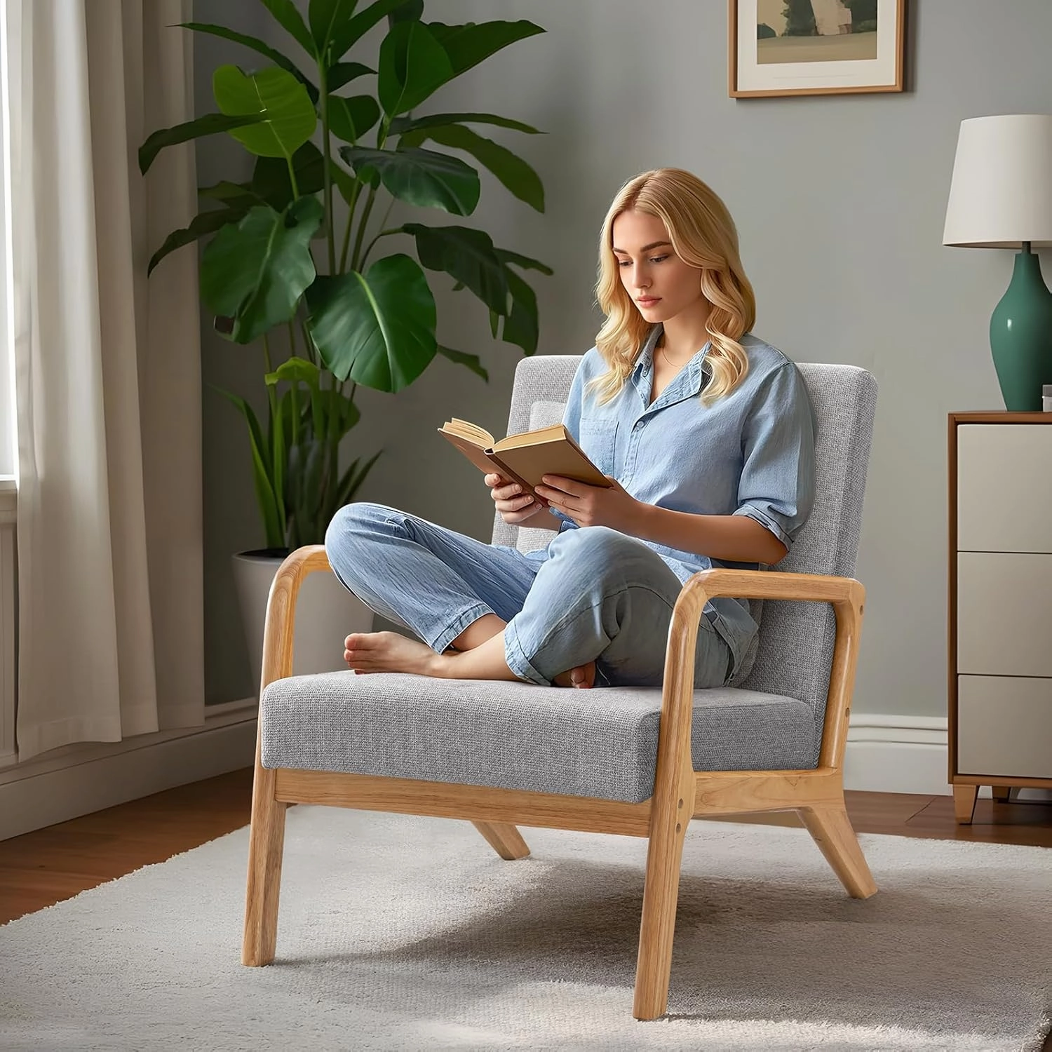 ELUCHANG Mid-Century Modern Accent Chair with Lumbar Pillow, Upholstered Armchair, Linen Fabric Comfy Reading Chair, Lounge Side Chair for Living Room Bedroom Apartment, Easy Assembly