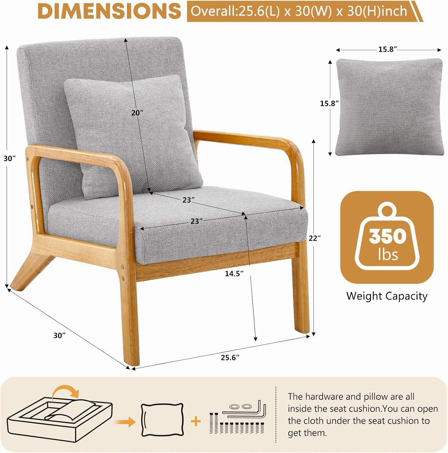 ELUCHANG Mid-Century Modern Accent Chair with Lumbar Pillow, Upholstered Armchair, Linen Fabric Comfy Reading Chair, Lounge Side Chair for Living Room Bedroom Apartment, Easy Assembly