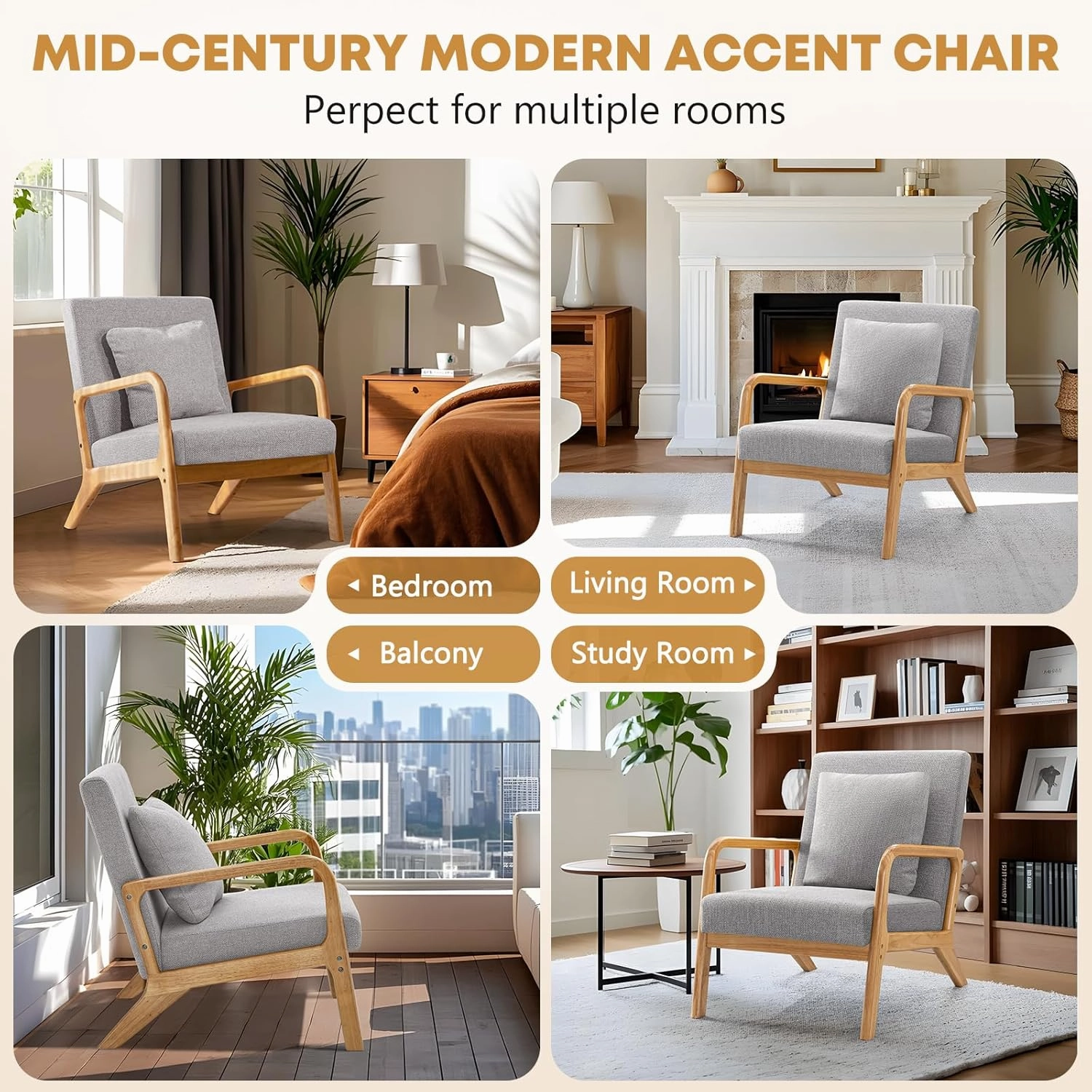 ELUCHANG Mid-Century Modern Accent Chair with Lumbar Pillow, Upholstered Armchair, Linen Fabric Comfy Reading Chair, Lounge Side Chair for Living Room Bedroom Apartment, Easy Assembly
