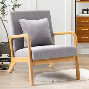 ELUCHANG Mid-Century Modern Accent Chair with Lumbar Pillow, Upholstered Armchair, Linen Fabric Comfy Reading Chair, Lounge Side Chair for Living Room Bedroom Apartment, Easy Assembly