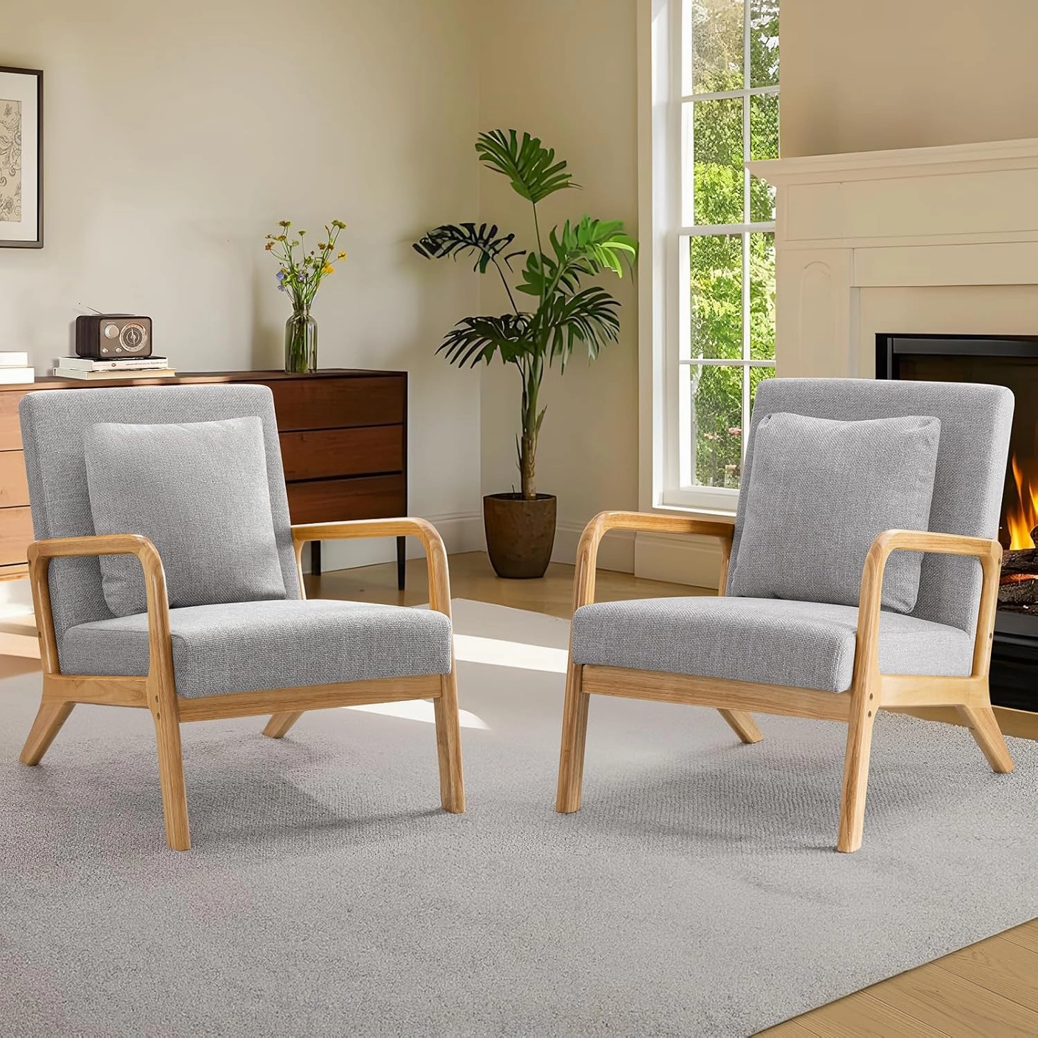 ELUCHANG Mid-Century Modern Accent Chair with Lumbar Pillow, Upholstered Armchair, Linen Fabric Comfy Reading Chair, Lounge Side Chair for Living Room Bedroom Apartment, Easy Assembly