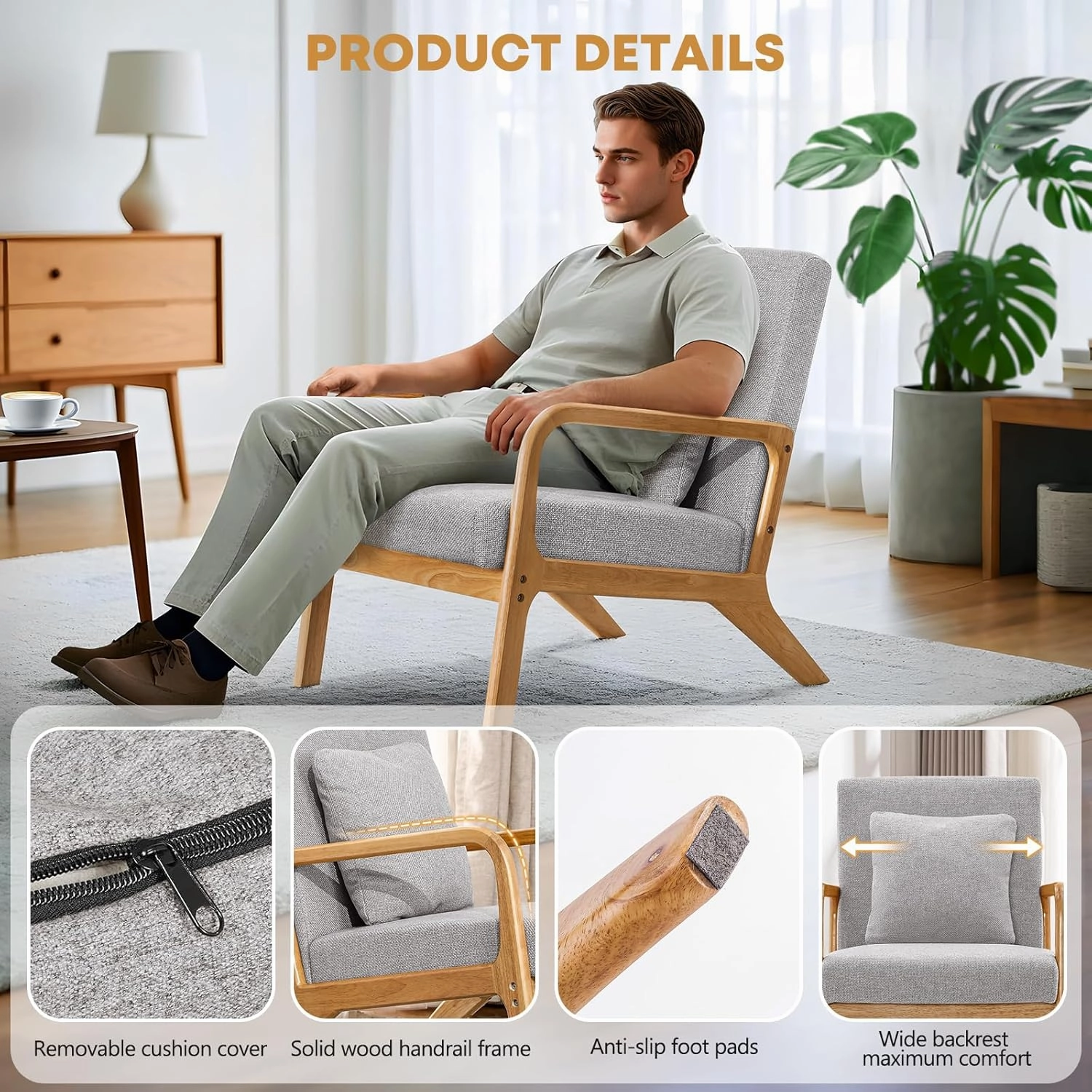 ELUCHANG Mid-Century Modern Accent Chair with Lumbar Pillow, Upholstered Armchair, Linen Fabric Comfy Reading Chair, Lounge Side Chair for Living Room Bedroom Apartment, Easy Assembly