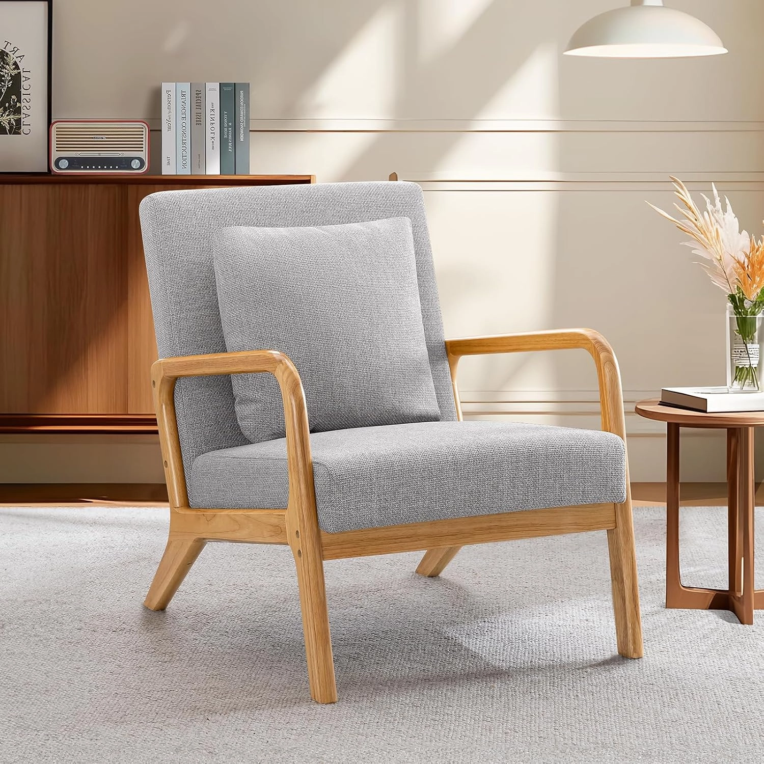ELUCHANG Mid-Century Modern Accent Chair with Lumbar Pillow, Upholstered Armchair, Linen Fabric Comfy Reading Chair, Lounge Side Chair for Living Room Bedroom Apartment, Easy Assembly
