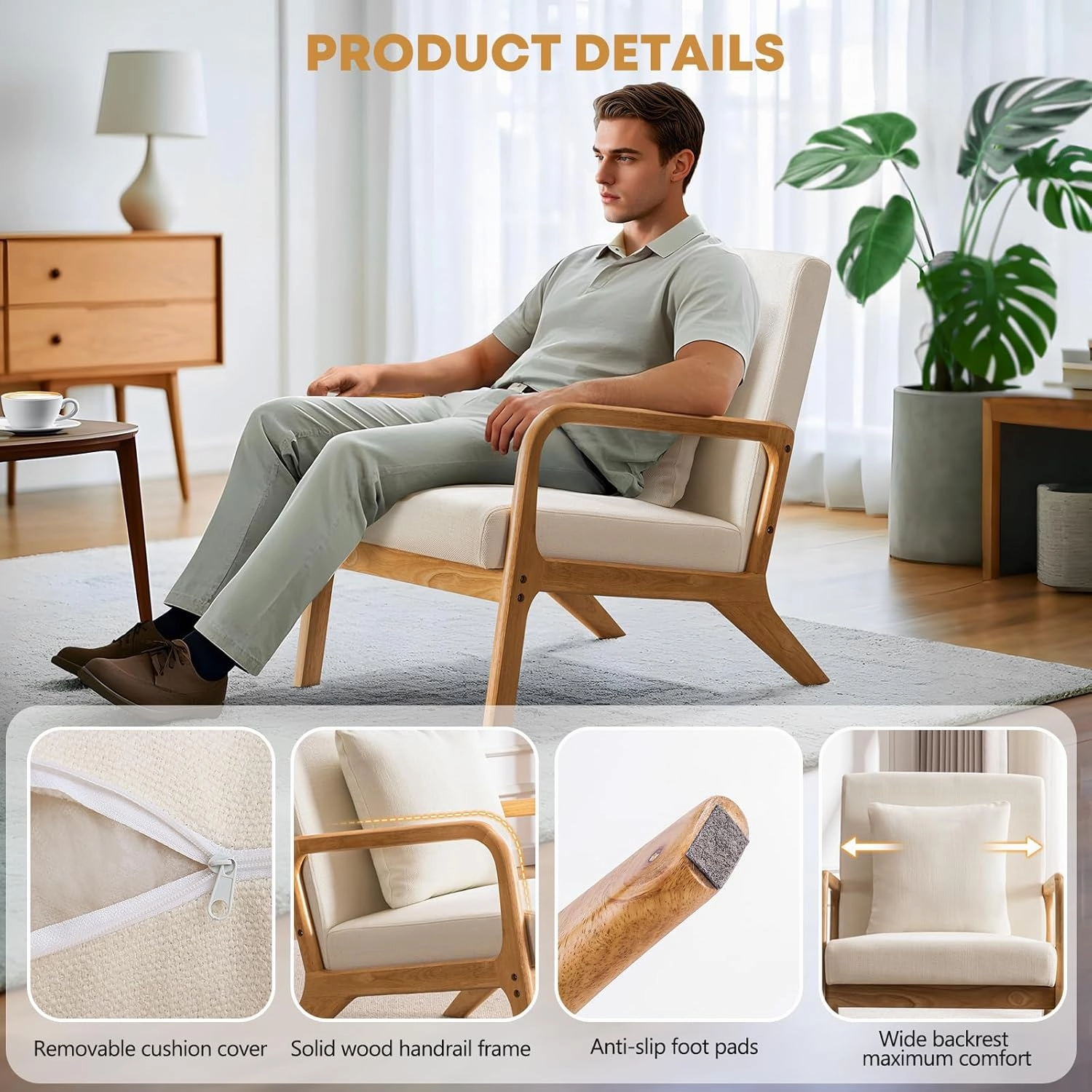 ELUCHANG Mid-Century Modern Accent Chair With Lumbar Pillow, Upholstered Armchair, Linen Fabric Comfy Reading Lounge for Living Room Bedroom Apartment, Easy Assembly