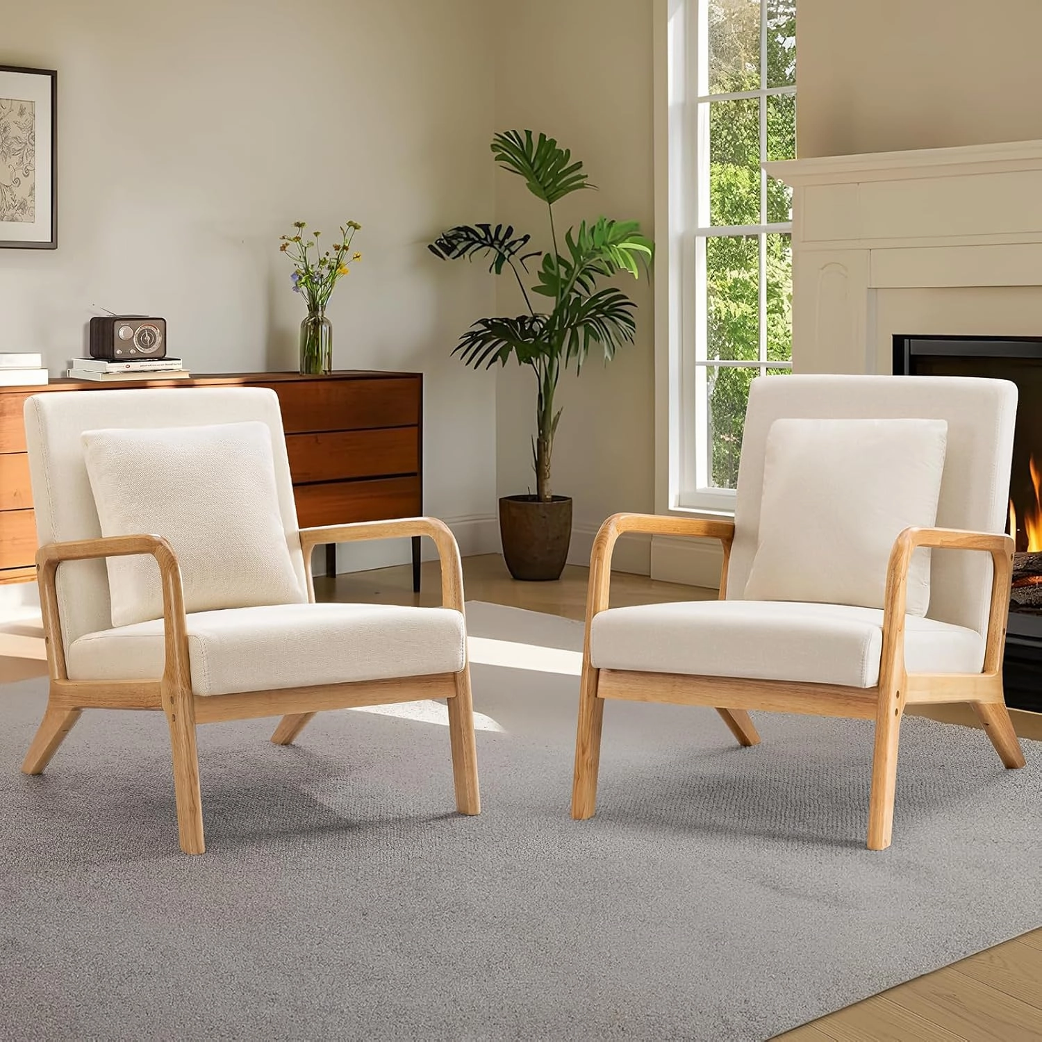 ELUCHANG Mid-Century Modern Accent Chair With Lumbar Pillow, Upholstered Armchair, Linen Fabric Comfy Reading Lounge for Living Room Bedroom Apartment, Easy Assembly