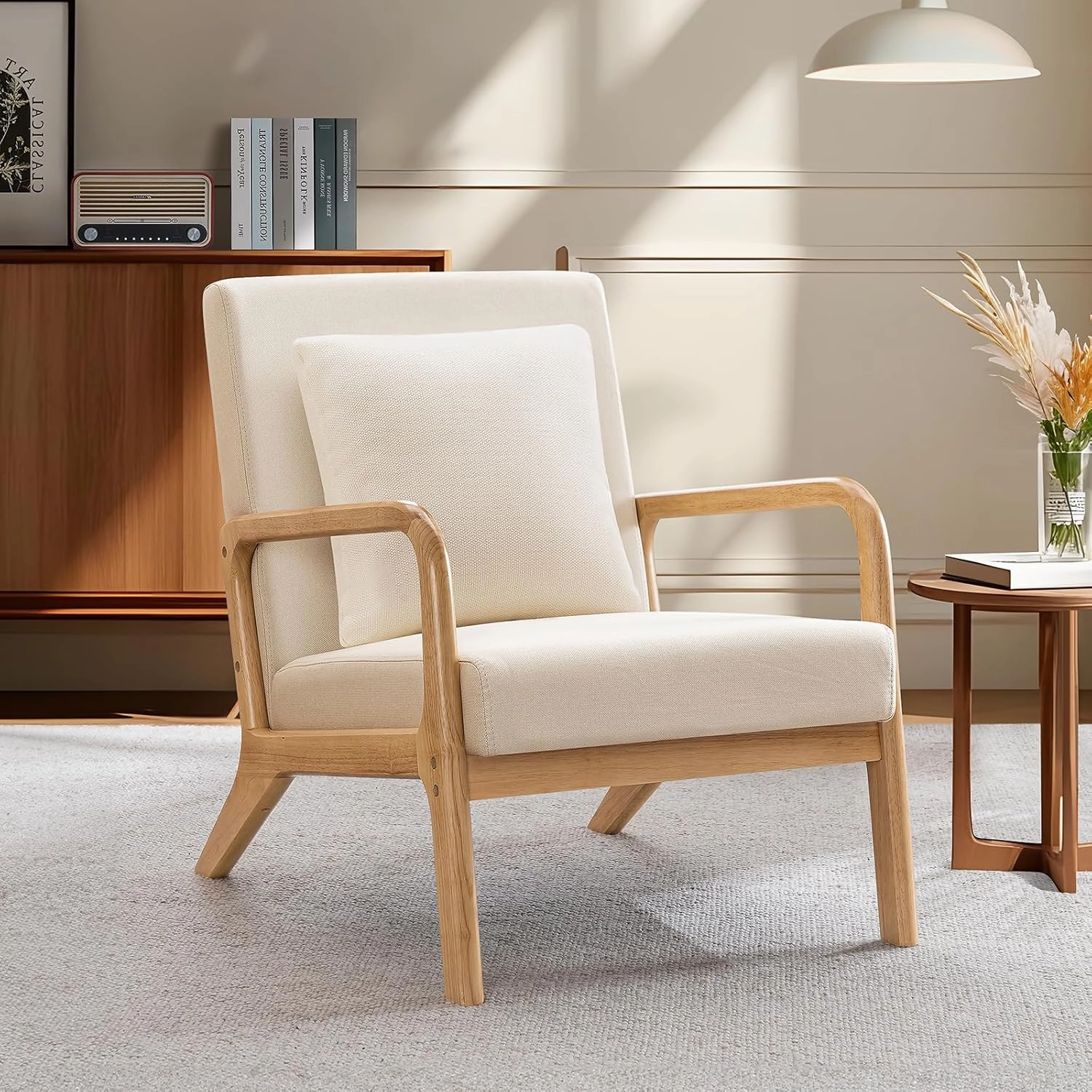 ELUCHANG Mid-Century Modern Accent Chair With Lumbar Pillow, Upholstered Armchair, Linen Fabric Comfy Reading Lounge for Living Room Bedroom Apartment, Easy Assembly