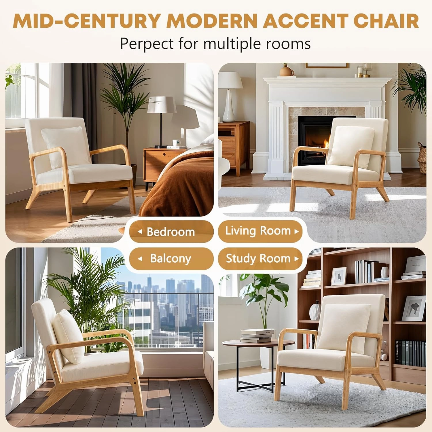 ELUCHANG Mid-Century Modern Accent Chair With Lumbar Pillow, Upholstered Armchair, Linen Fabric Comfy Reading Lounge for Living Room Bedroom Apartment, Easy Assembly