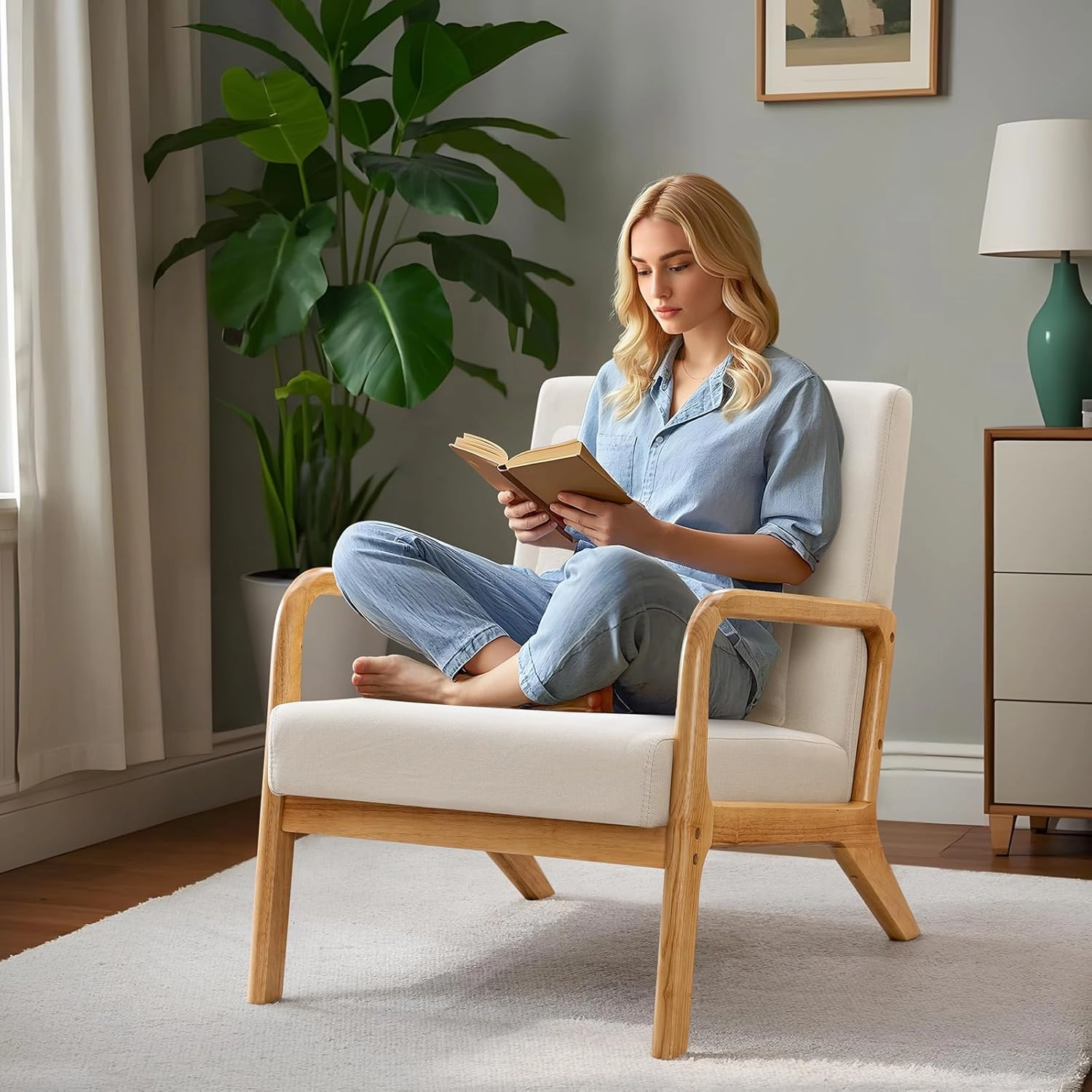 ELUCHANG Mid-Century Modern Accent Chair With Lumbar Pillow, Upholstered Armchair, Linen Fabric Comfy Reading Lounge for Living Room Bedroom Apartment, Easy Assembly