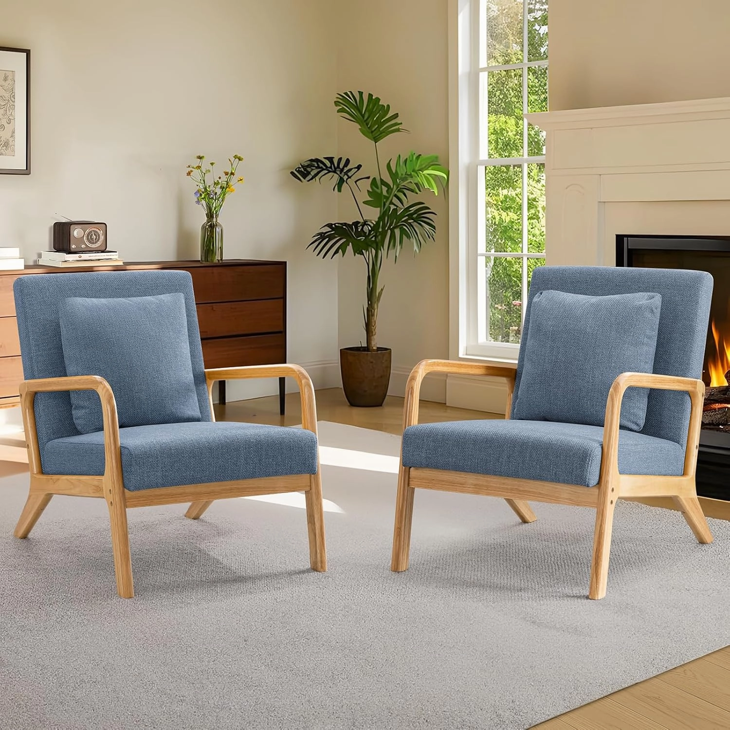 ELUCHANG Mid-Century Modern Accent Chair with Lumbar Pillow,Upholstered Armchair,Linen Fabric Comfy Reading Lounge Side Chair for Living Room Bedroom Apartment,Easy Assembly