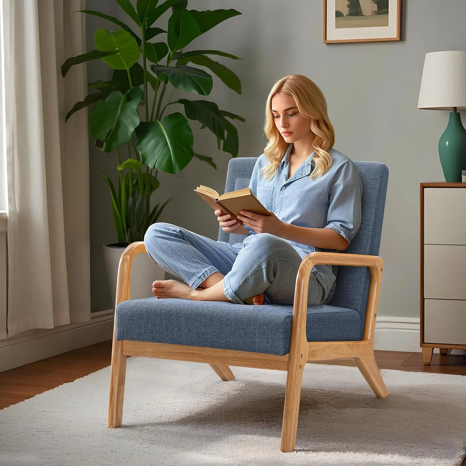 ELUCHANG Mid-Century Modern Accent Chair with Lumbar Pillow,Upholstered Armchair,Linen Fabric Comfy Reading Lounge Side Chair for Living Room Bedroom Apartment,Easy Assembly