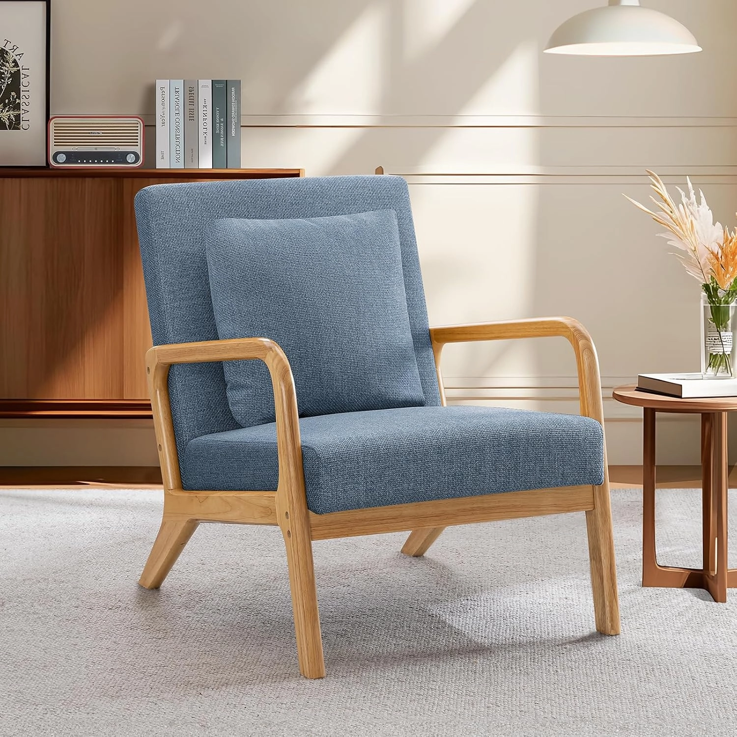 ELUCHANG Mid-Century Modern Accent Chair with Lumbar Pillow,Upholstered Armchair,Linen Fabric Comfy Reading Lounge Side Chair for Living Room Bedroom Apartment,Easy Assembly