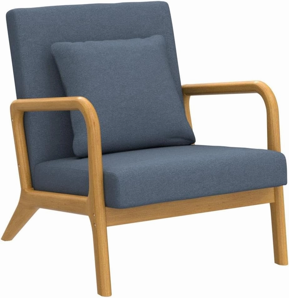 ELUCHANG Mid-Century Modern Accent Chair with Lumbar Pillow,Upholstered Armchair,Linen Fabric Comfy Reading Lounge Side Chair for Living Room Bedroom Apartment,Easy Assembly