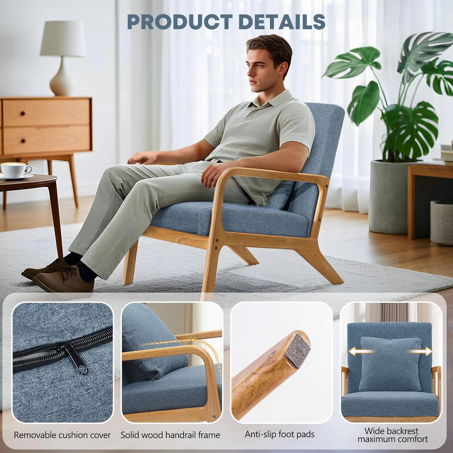 ELUCHANG Mid-Century Modern Accent Chair with Lumbar Pillow,Upholstered Armchair,Linen Fabric Comfy Reading Lounge Side Chair for Living Room Bedroom Apartment,Easy Assembly
