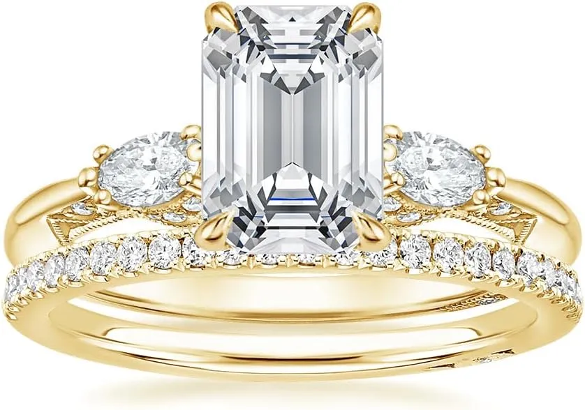 Emerald Moissanite Engagement Ring 1-3.20 CT Wedding Bridal Set 925 Sterling Silver 10K 14K 18K Gold Tacori Three Stone Marquise Anniversary Promise Ring Valentine Gift for Her