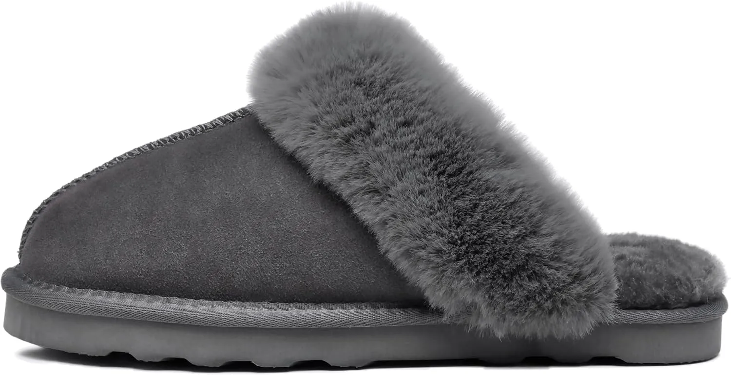 Emma Women's Winter Fur Slippers Genuine Suede Fluffy Faux Fur Memory Foam Cushion, Indoor and Outdoor
