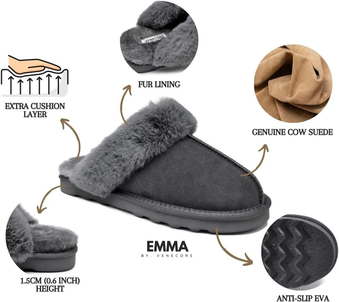 Emma Women's Winter Fur Slippers Genuine Suede Fluffy Faux Fur Memory Foam Cushion, Indoor and Outdoor