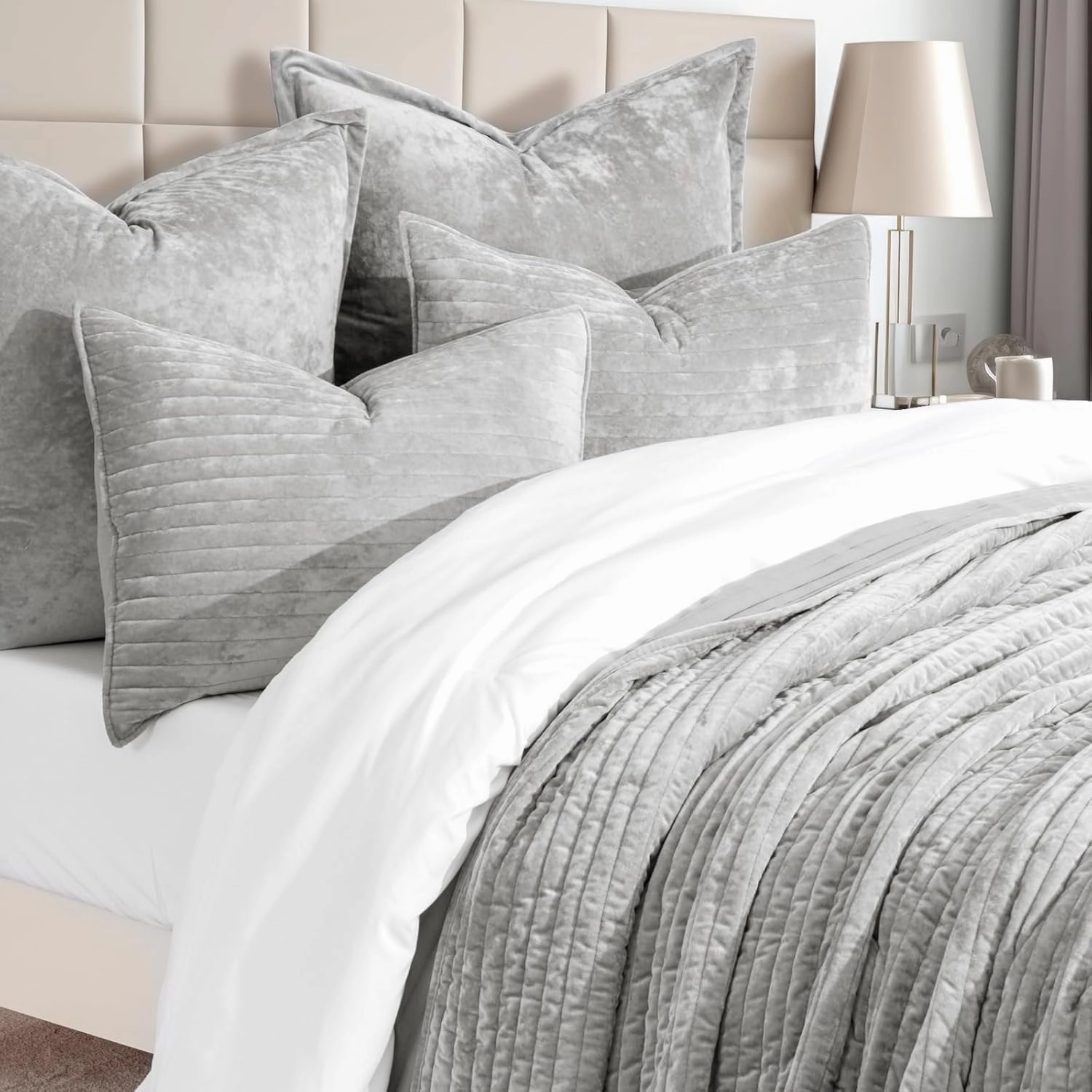EVERGRACE Velvet Quilt Set King Size, Luxurious Soft Striped Channel Bedding Set, Lightweight Velvet Comforter for All Season, Oversized Bedspread Coverlet with 2 Matching Shams, Frost Gray