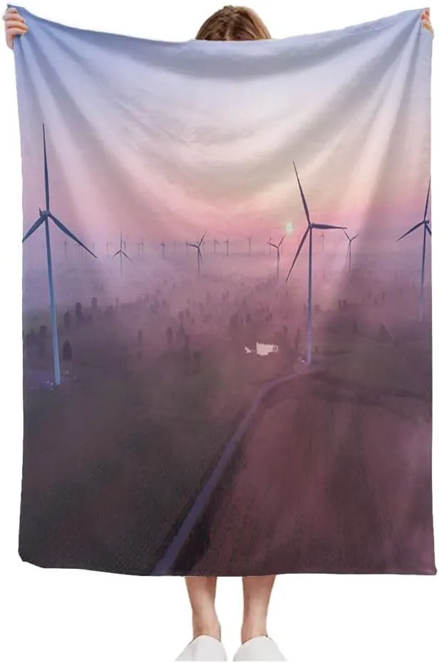 Fleece Plush Throw Blanket for WomenAerial View Wind Windmill Turbine Sunrise Technology Mountain Friendly Forested Industrial Nature Blanket Soft Fuzzy Bed Blanket for Couch Sofa 50 x 60 Inches