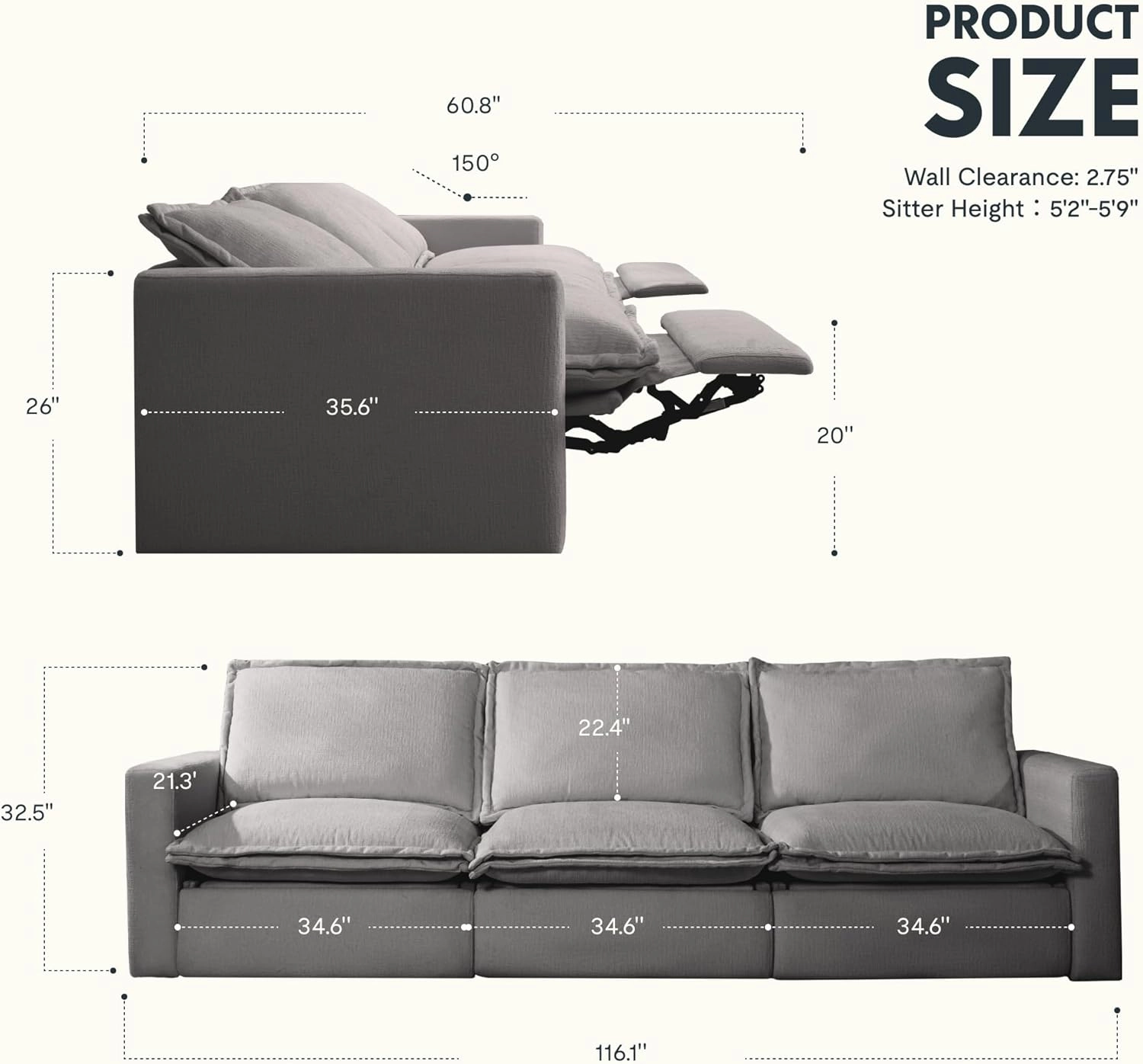 FLEXISPOT XMS4 Power Reclining Sofa, 116.1" Width Oversized 3-Seater Sofa, Reclining Sectional Couches for Living Room, Fixed Center Seat, USB Port, Cloud Couch, Wall Hugger, Gray Fabric